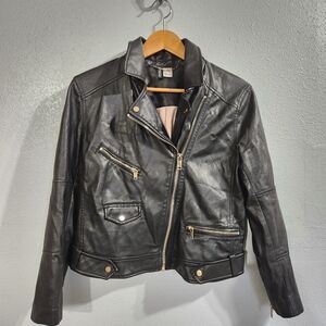 Divided Black Faux Vegan Leather Moto Jacket with Gold Hardware Size 12 Short